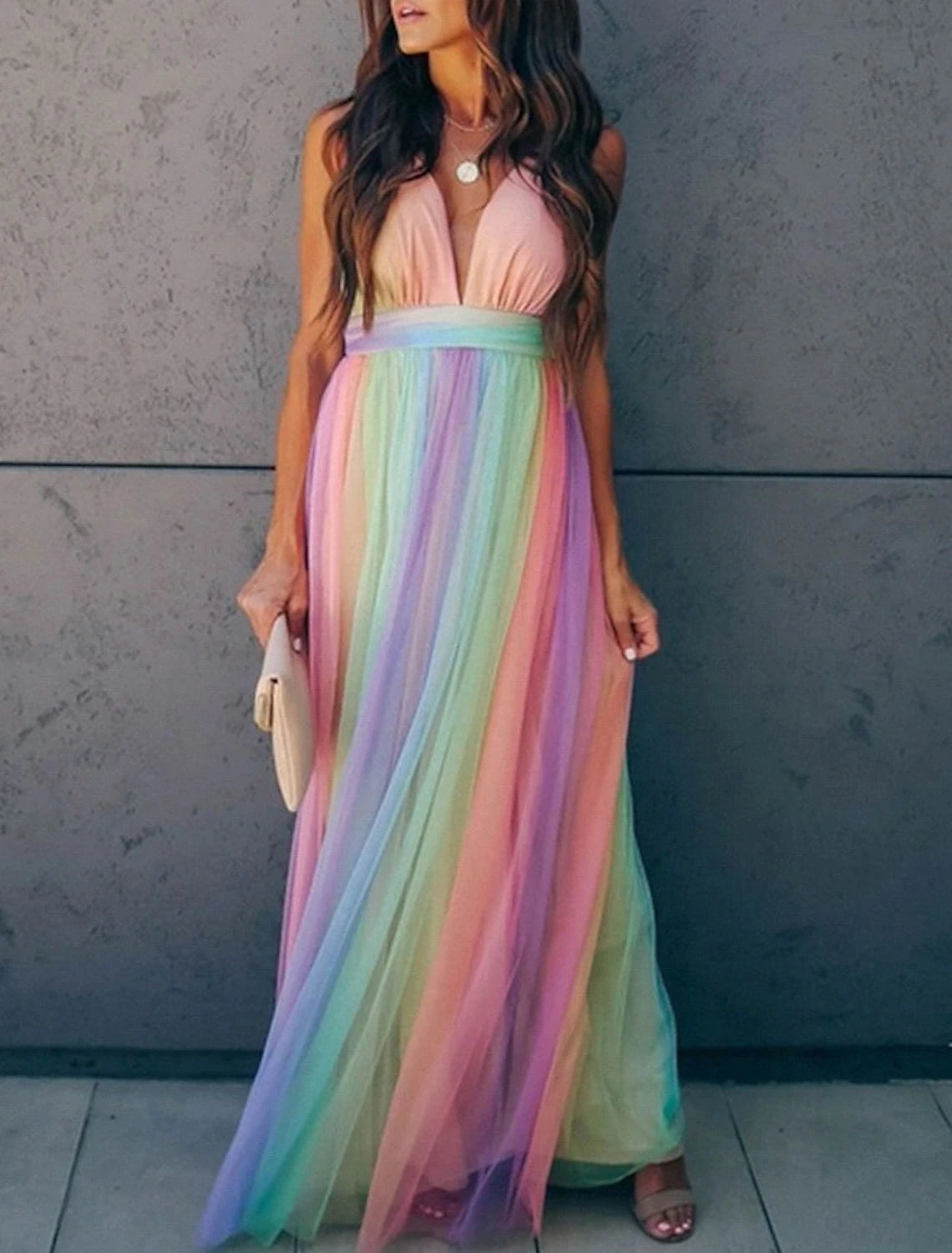 Wholesale A-Line Prom Dresses Ombre Dress Wedding Guest Prom Floor Length Sleeveless V Neck Tulle Backless with Sash / Ribbon Splicing